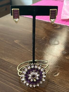 Estate Purple Cluster hinge bangle Bracelet and Amethyst-Tone Earrings Set